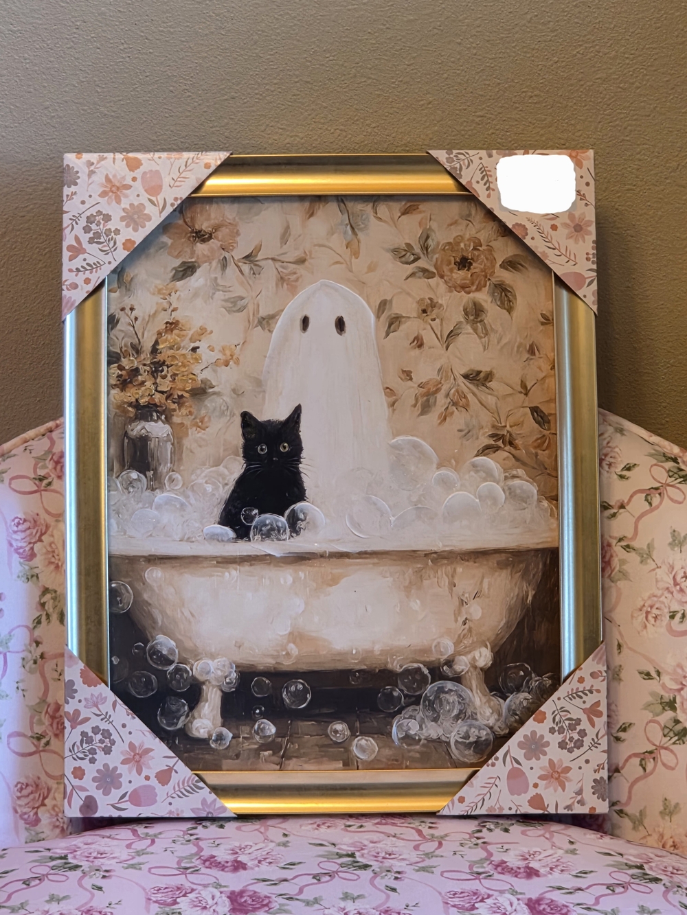 Halloween Ghost & Black Cat Bathtub Wall Art - Gold Frame